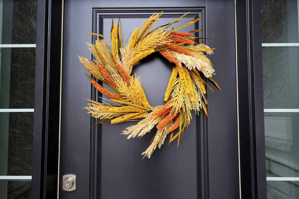 Black Front Door Autumn Wreath Close Up