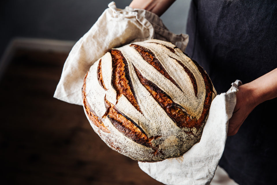 Close-up of fresh baked sourdough bread.