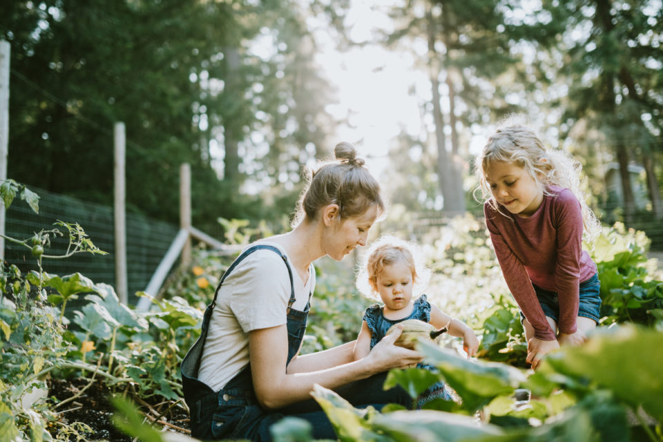 A mother and her children pick fresh squash from their garden